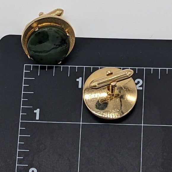Signed Vintage SWANK Karat Gold MCM Genuine Jade Cufflinks & Tie Tack Pin Set - Picture 9 of 12